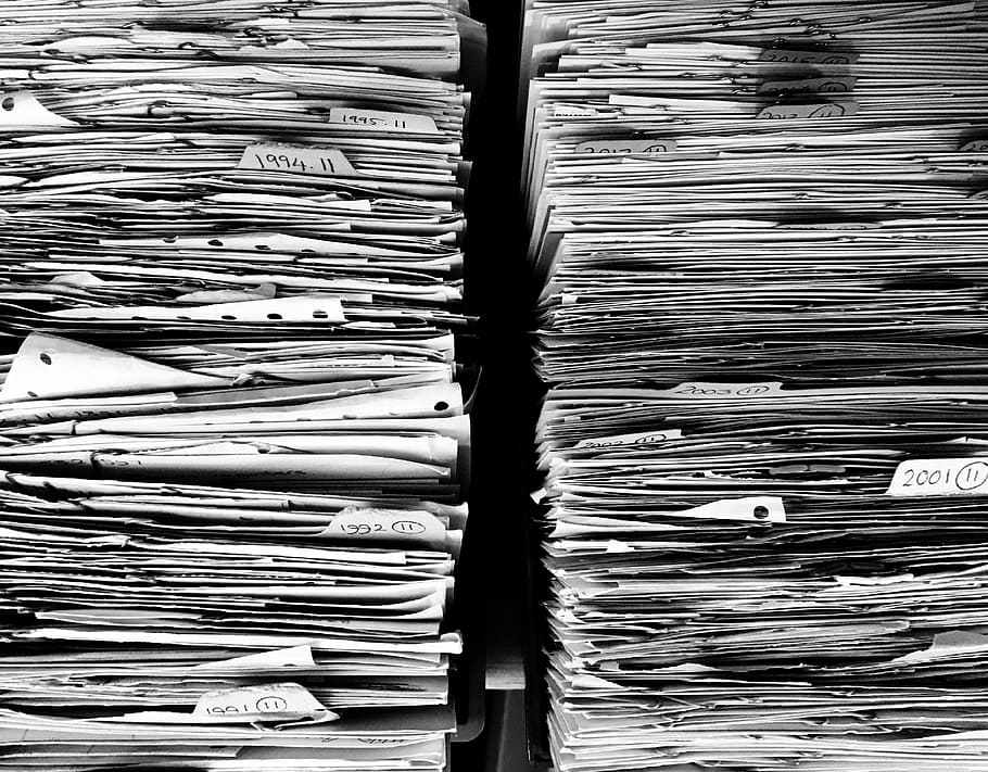 two piles of white printing papers, files, office, paperwork, HD wallpaper