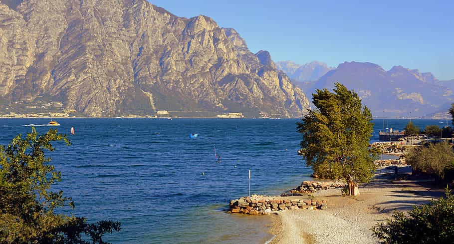 beach, lake, mountain, malcesine, italy, water, scenics - nature HD wallpaper
