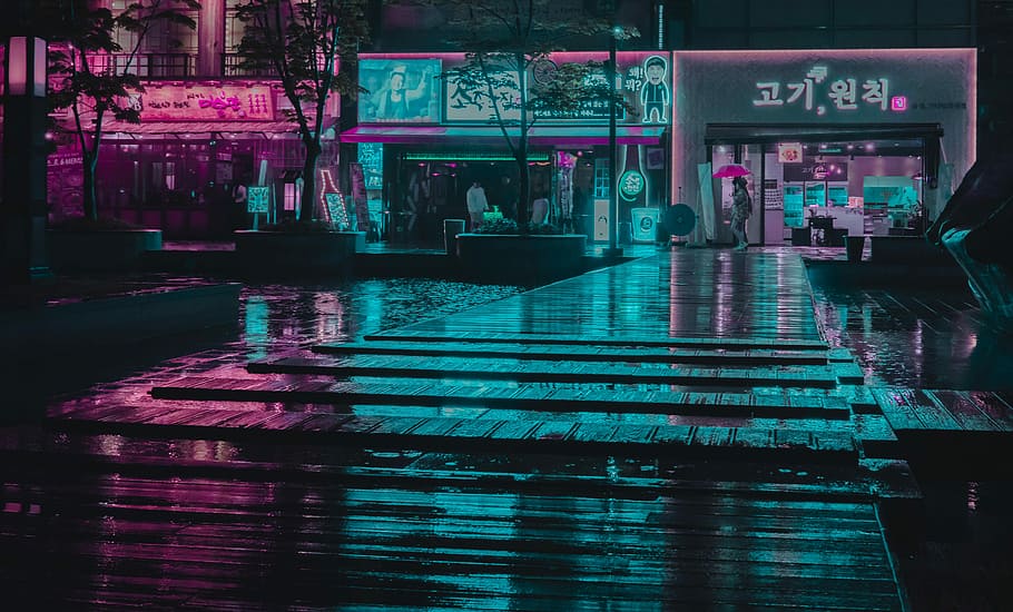 Incheon, architectural photography of store facades during night time