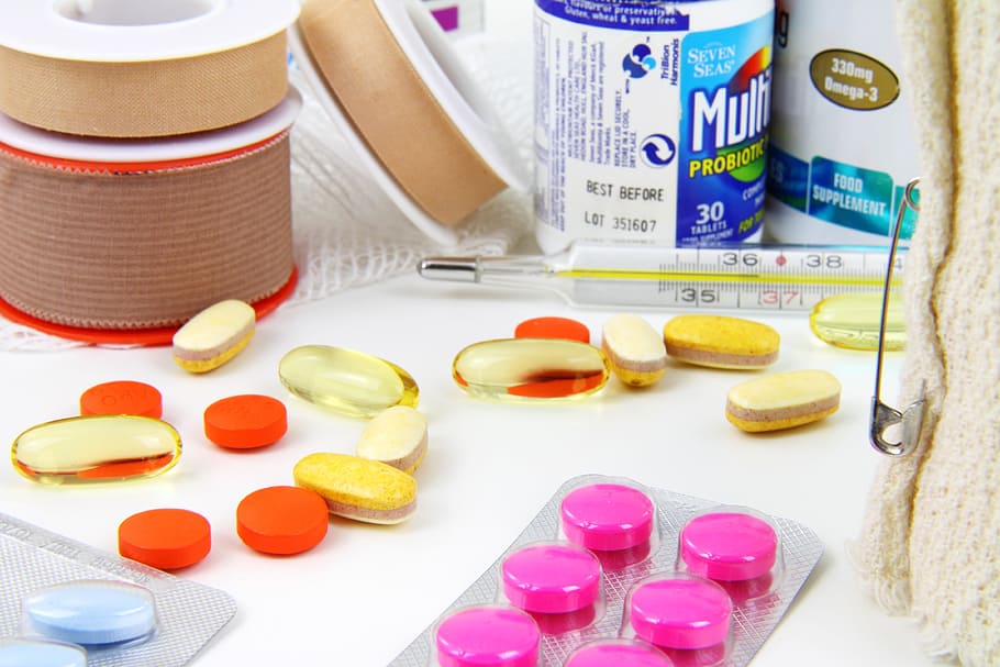 assorted-color pills near thermometer, aid, bandage, bottle, capsule, HD wallpaper