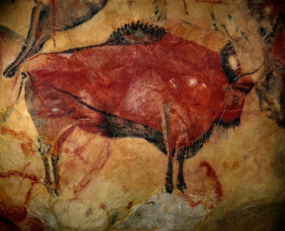 red bull artwork, bison, cave of altamira, prehistoric art, upper palaeolithic