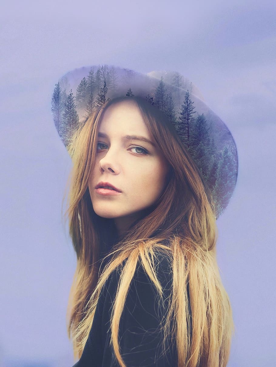 double exposure, lady, forest, long hair, portrait, one person HD wallpaper