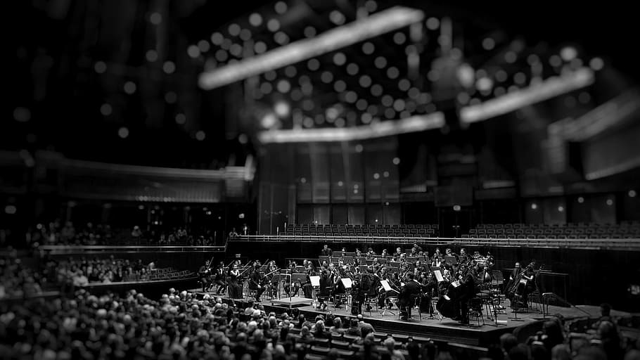 grayscale photography of orchestra playing on theatre, grayscale photo of peoples playing instruments inside building, HD wallpaper