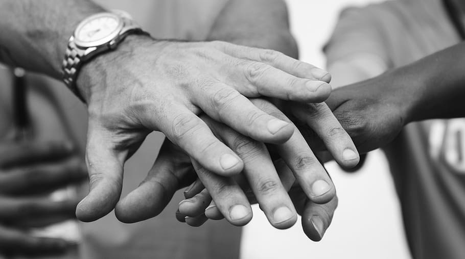 people putting together their hands grayscale photography, achievement, HD wallpaper