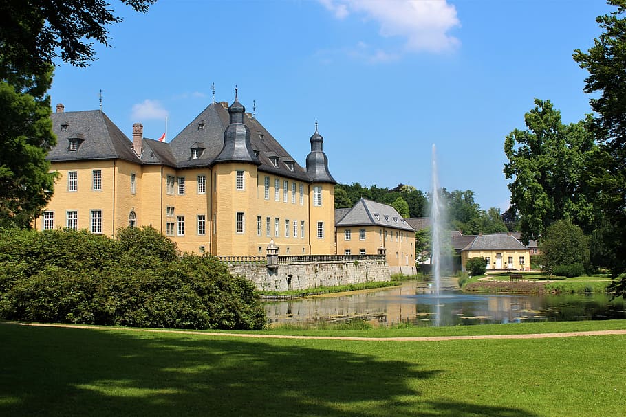 rush, home, grass, palace, schloss dyck, moated castle, fountain HD wallpaper