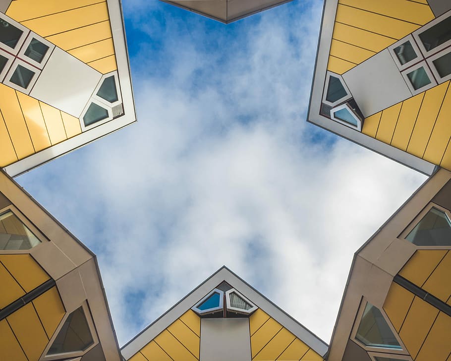 low angle photography of blue sky, worms eye view photo of yellow houese HD wallpaper