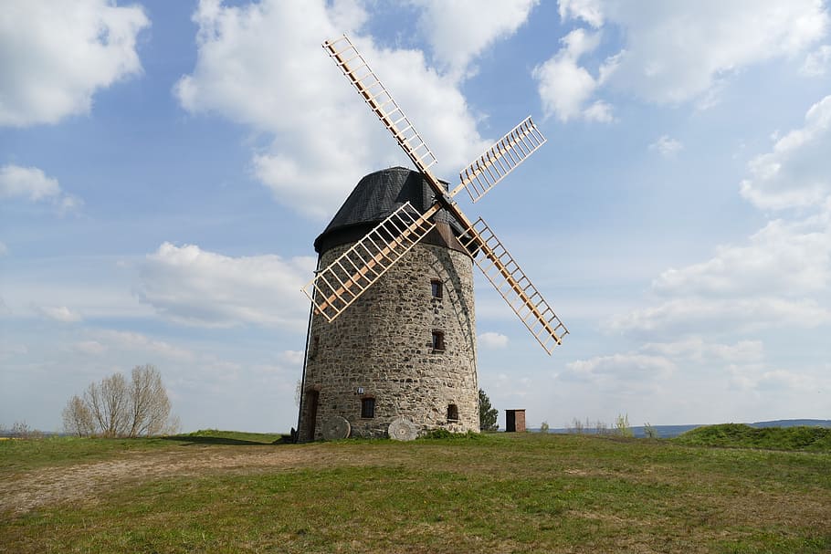 windmill house, stone, flour, warnstedt, landscape, sky, clouds HD wallpaper
