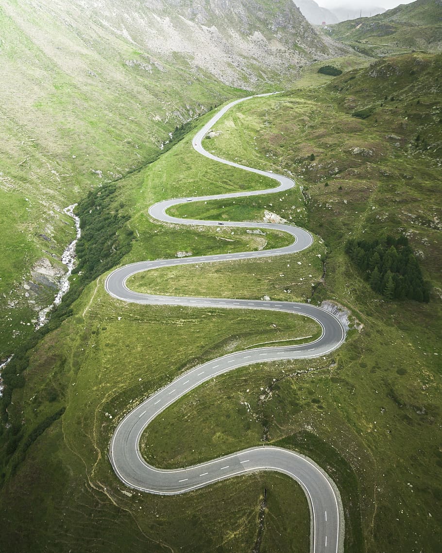 aerial view of curvy road during daytime, journey, drive, scenic