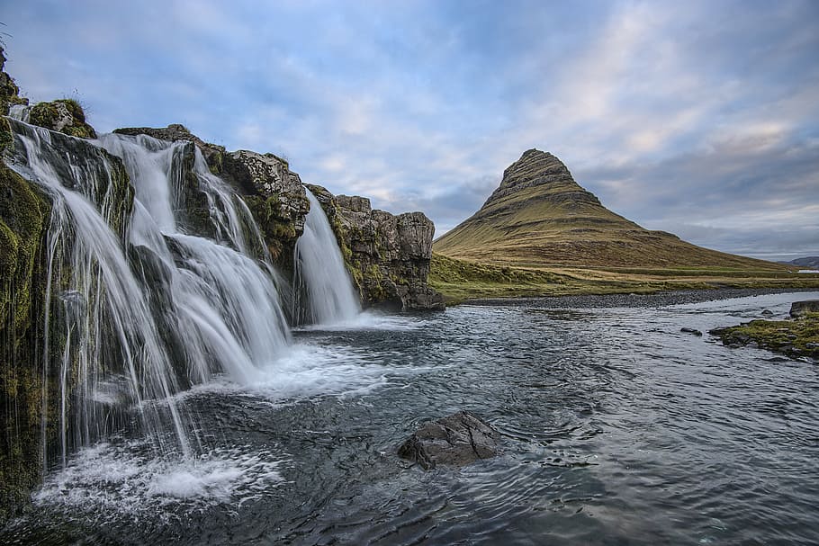 photography of waterfall with brown mountain on background HD wallpaper