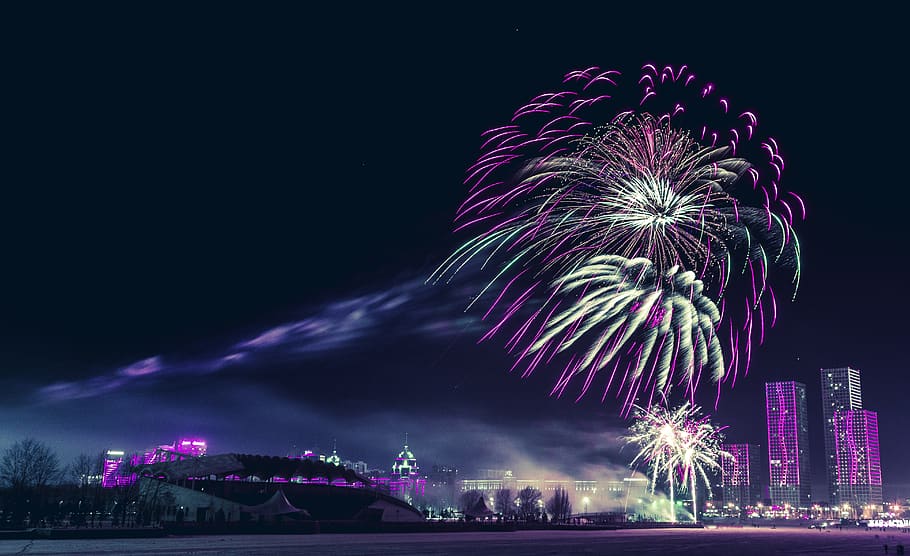 fireworks, bright, dark, evening, light, sky, color, nature HD wallpaper