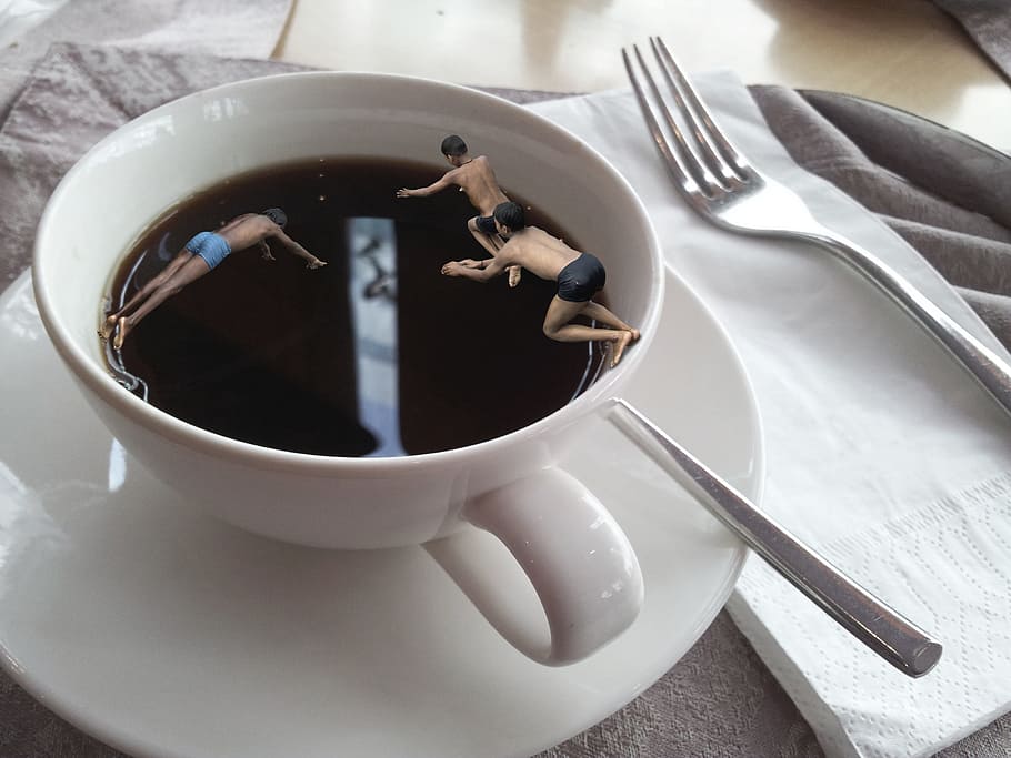 three boys diving in cup of coffee on table, breakfast, swim HD wallpaper