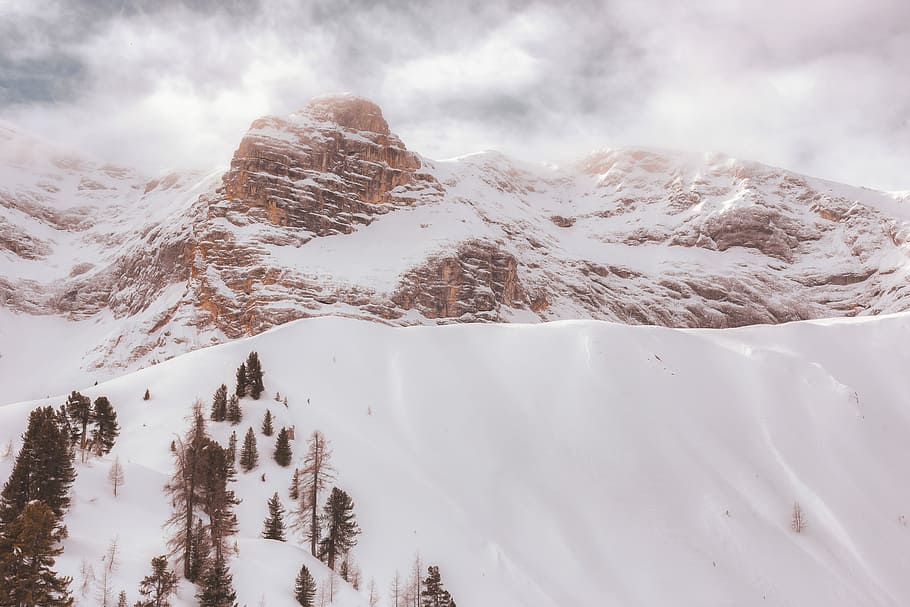 mountains covered with snow, snowy mountain with trees under cloudy sky during daytime HD wallpaper
