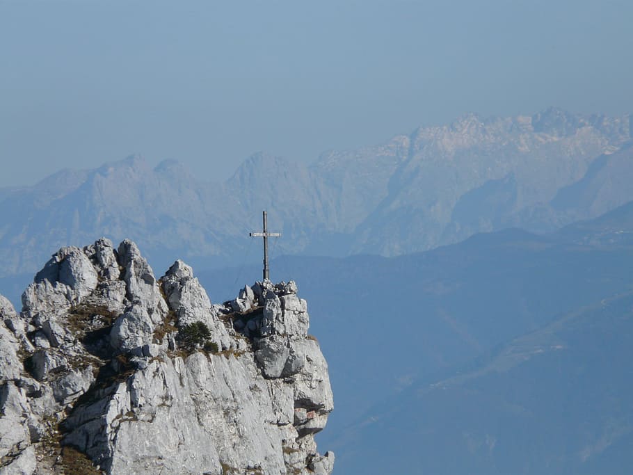 cross on top of mountain, Summit Cross, mountains, back light HD wallpaper