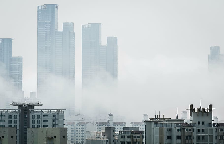 high-rise building surrounded with fogs, city, skyscraper, architecture HD wallpaper