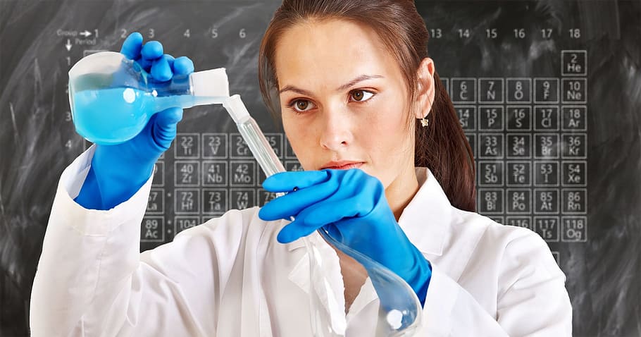 female chemist, laboratory, periodic system, chemistry, medical, HD wallpaper