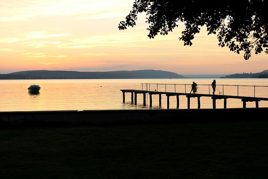 Evening, Bodensee, Austria, Pier, evening red, mountains, orange sky HD wallpaper