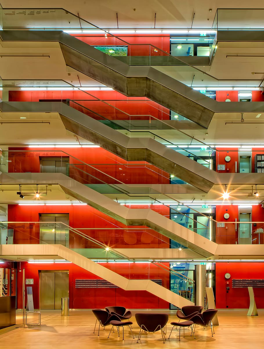 red and white building interior, four storage building, architecture HD wallpaper