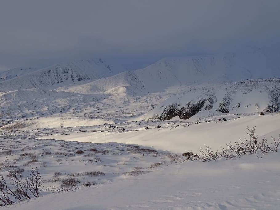 valley, volcano, slag, stone figures, the foot, height, snow HD wallpaper