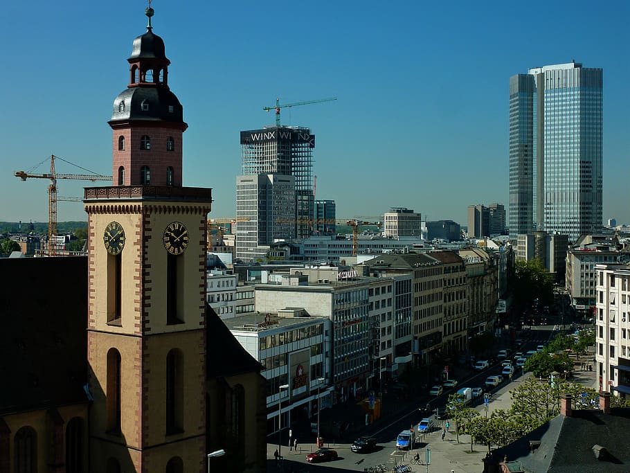 Frankfurt, Crane, Build, baukran, skyscraper, cranes, construction work, HD wallpaper