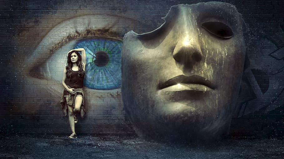 woman in black tanktop near gray and blue wall with eye and mask graffiti photography, HD wallpaper