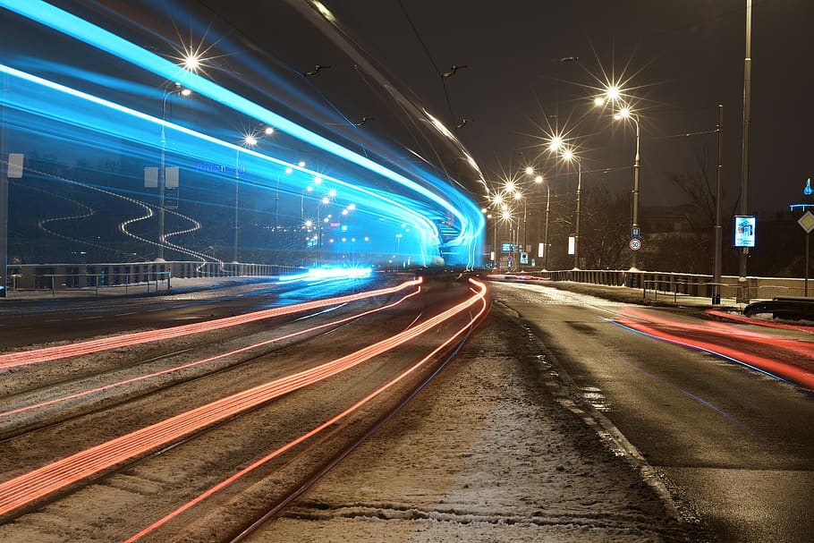 prague, winter, tram, lights, night, illuminated, transportation HD wallpaper