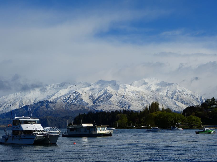 mountains, snow, otago, new zealand, lake, ships, nautical vessel, HD wallpaper