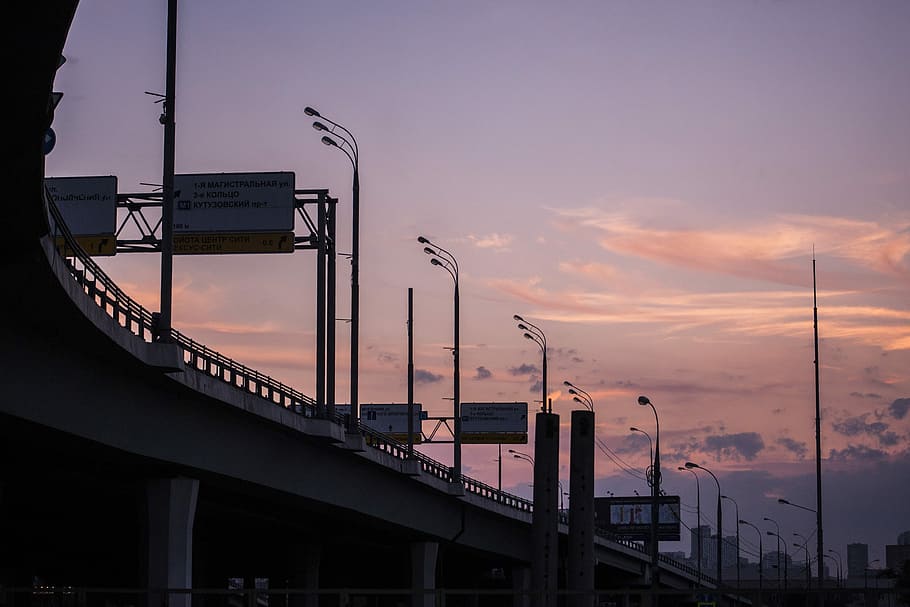 silhouette of skyway, bridge with light posts, highway, urban