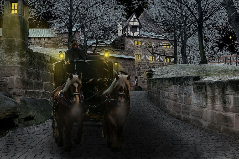 brown and black carriage illustration, winter, coach, castle, HD wallpaper