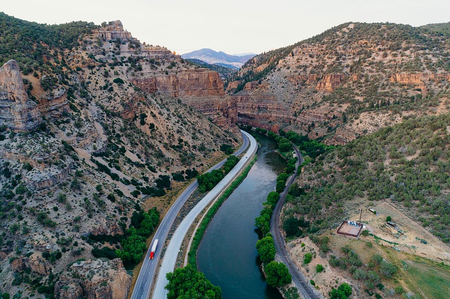 aerial photo of road between river and mountain during daytime, Zion National Park, Utah HD wallpaper