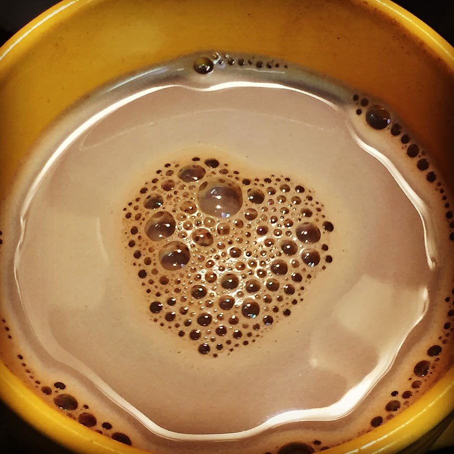 Coffee, Cup, Yellow, Heart, Bubbles, cup of coffee, caffeine HD wallpaper