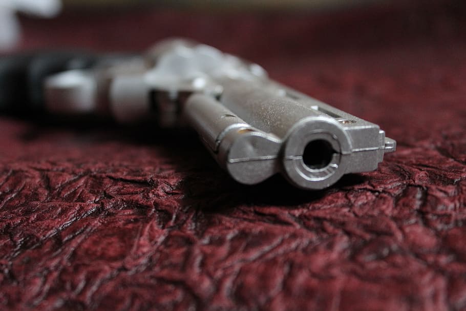 gray pistol on brown textile, Handgun, Revolver, Firearm, weapon