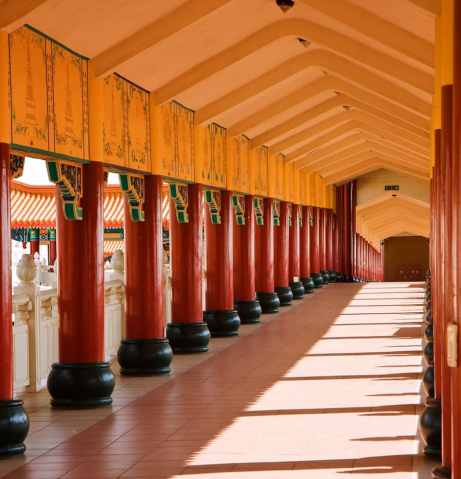 temple, buddhism, columns, pillars, perspective, hallway, corridor HD wallpaper