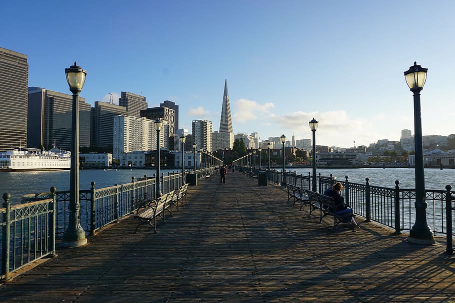 people on bridge near body of water, san francisco, sunset HD wallpaper
