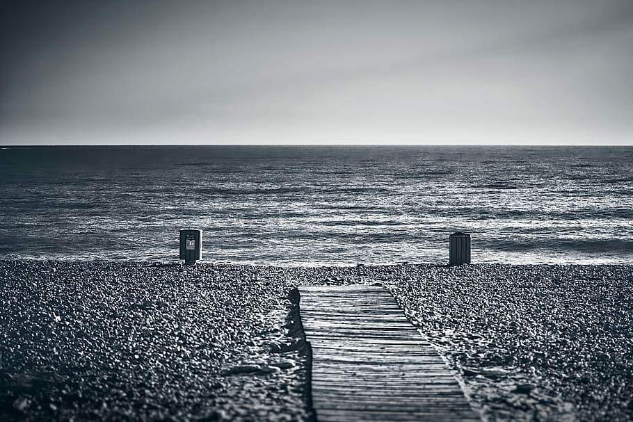 grayscale photo of seashore, beach, empty, monochrome, water HD wallpaper