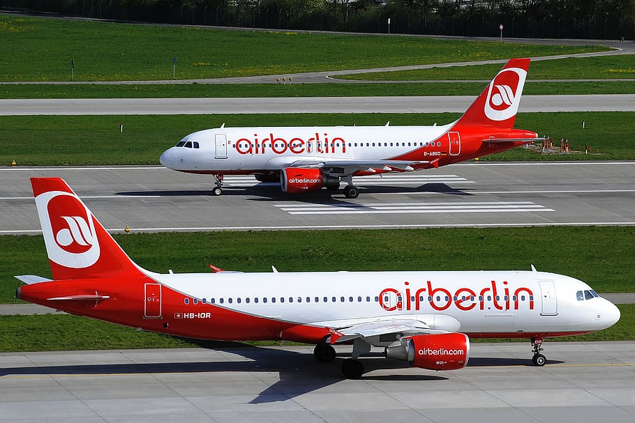 two Airberlin airlines, airport, landing strip, airbus, aeroplane, HD wallpaper
