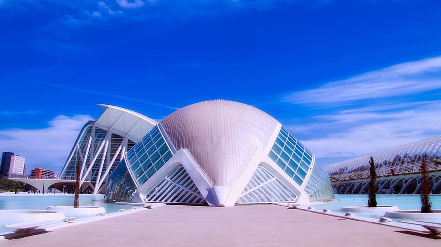 city, landmark, clouds, buildings, architecture, business, city of arts and sciences, HD wallpaper