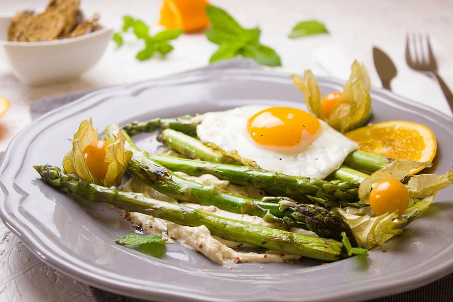 asparagus, egg, and physalis fruit, fried, orange, vegetables HD wallpaper