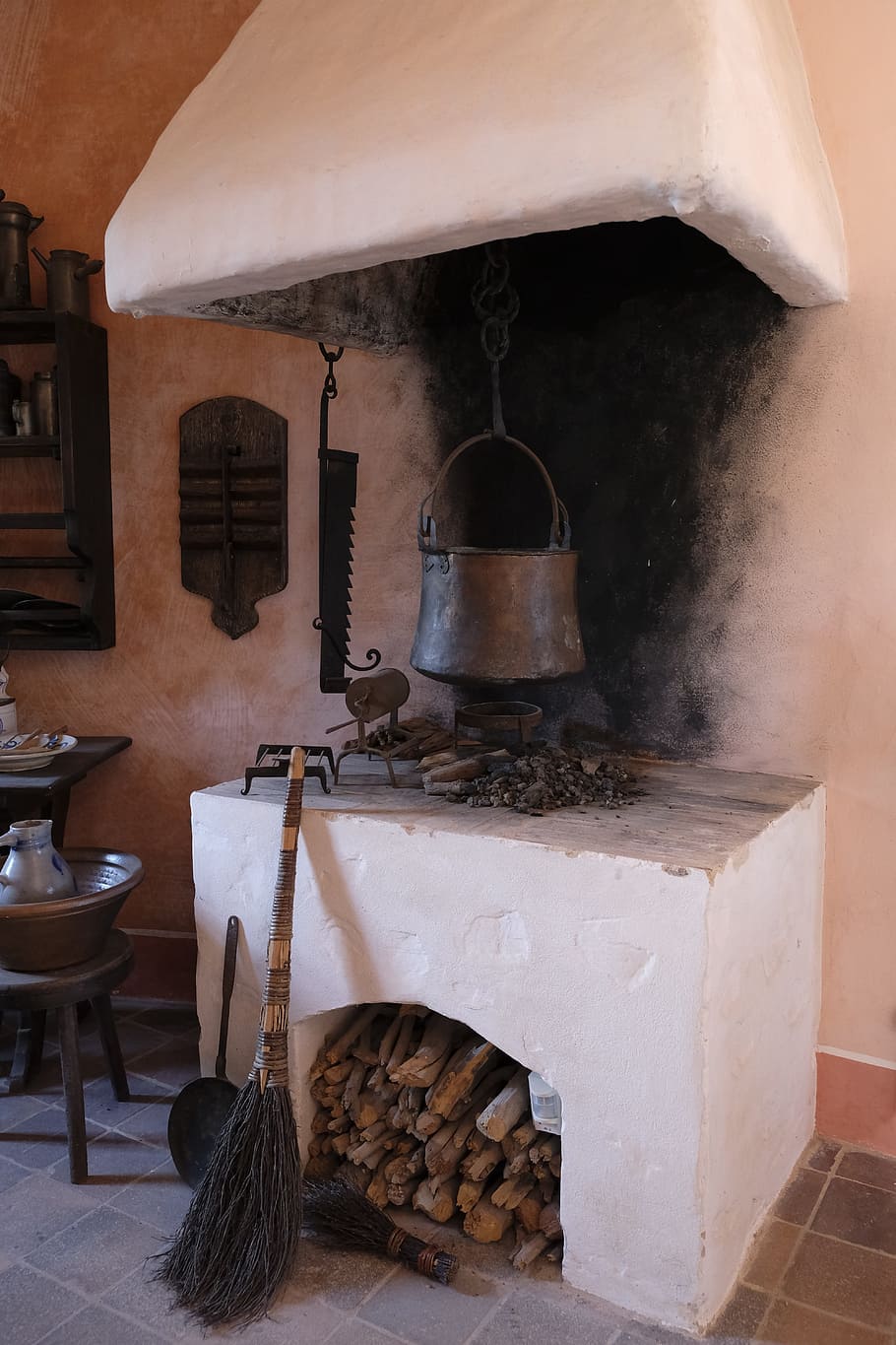 cook, cooking zone, fireplace, oven, boiler, pot, old, antique, HD wallpaper