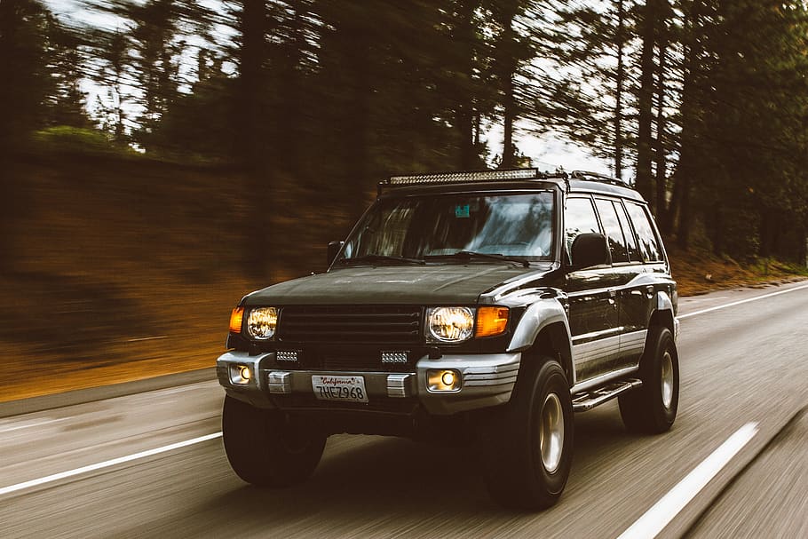 car, vehicle, headlights, bumper, black, windshield, trees HD wallpaper