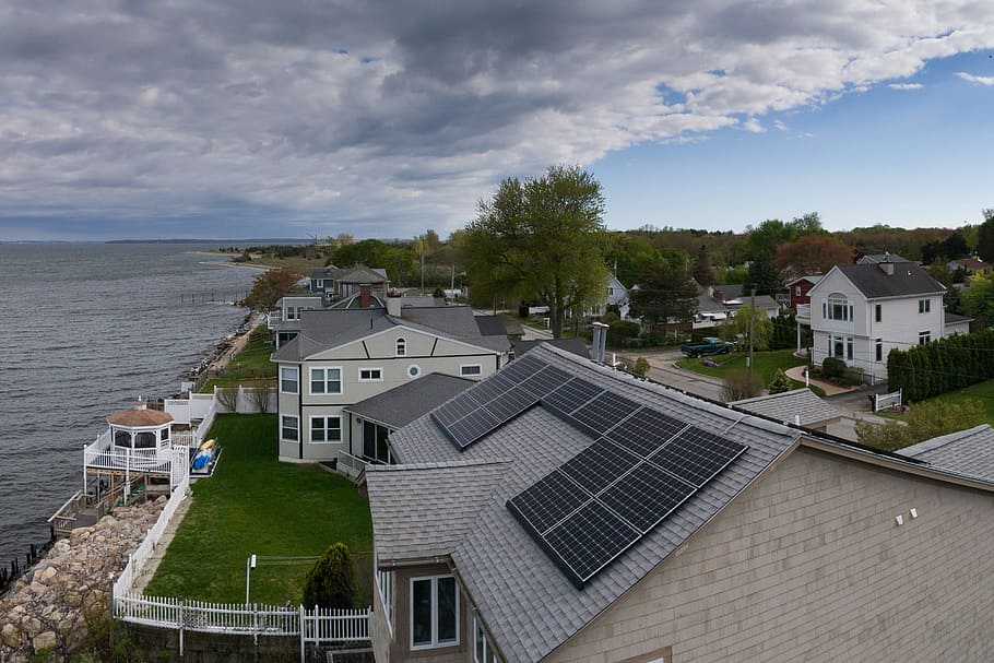 black solar panels on gray roof during daytime, Drone, Panel, House HD wallpaper