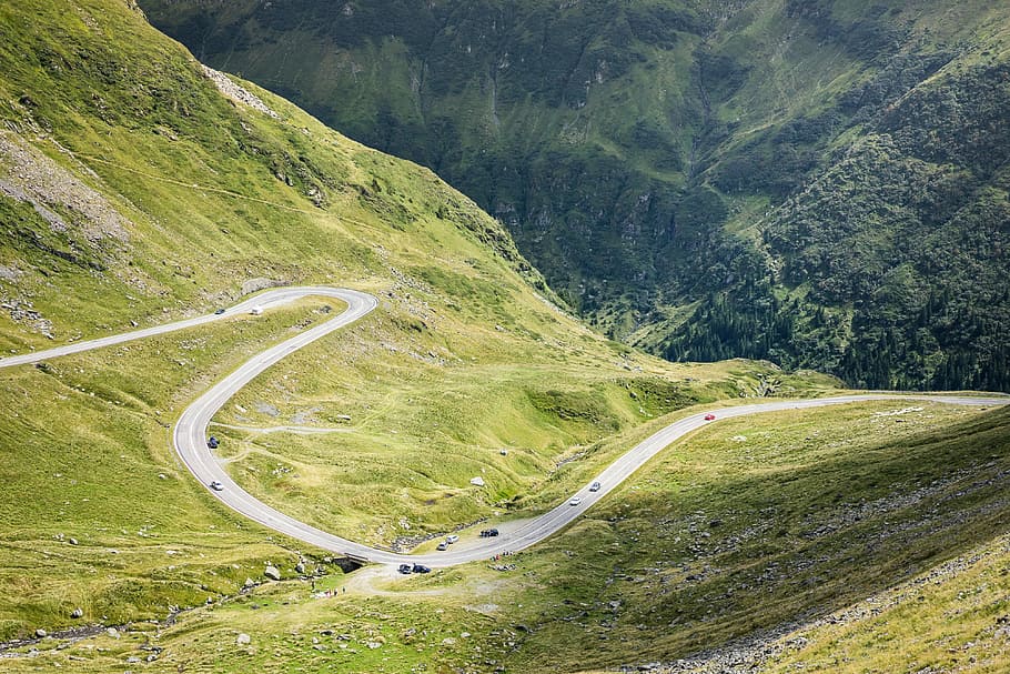 Winding Road in Romanian Mountains, cars, eco, ecology, grass, HD wallpaper