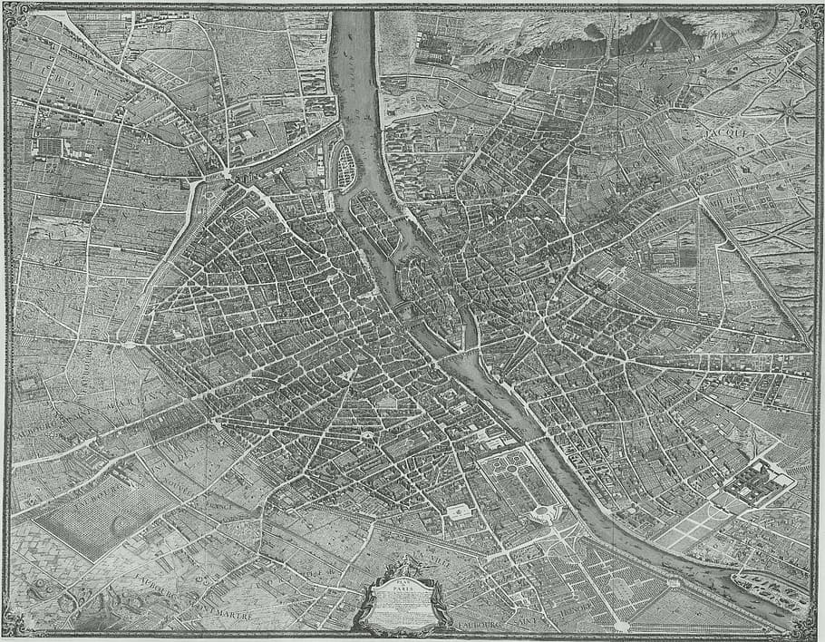 satellite view of island, paris, city, map, old, antique, drawing, HD wallpaper