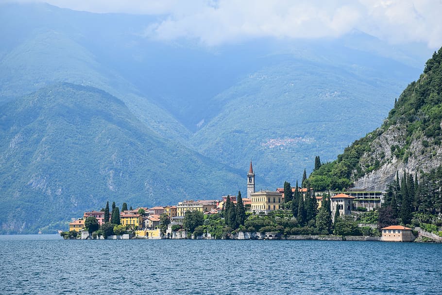body of water near buildings and mountain, lake como, italy, holiday, HD wallpaper