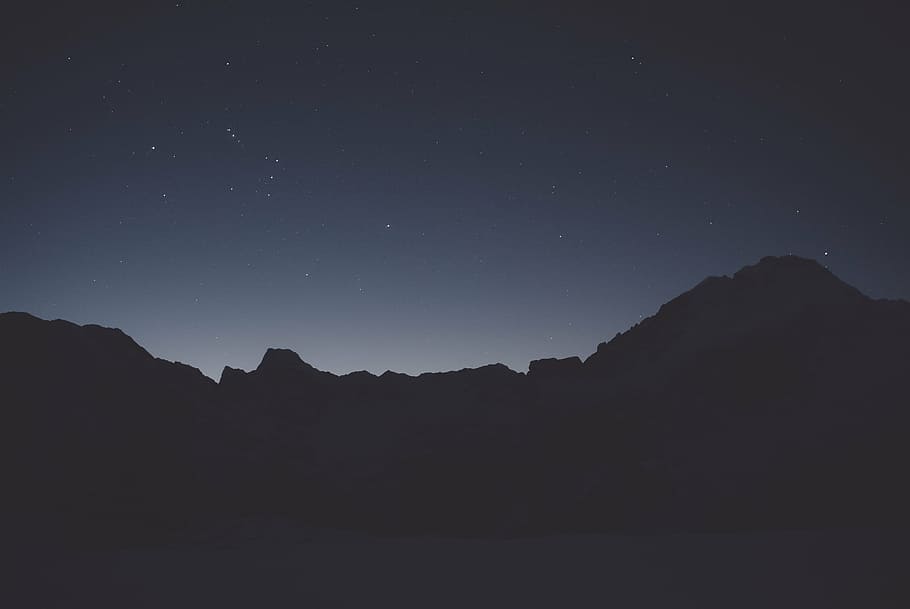 silhouette of mountain, dark, landscape, blue, sky, stars, night HD wallpaper