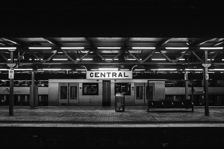 grayscale photo of Central concrete building, train, station