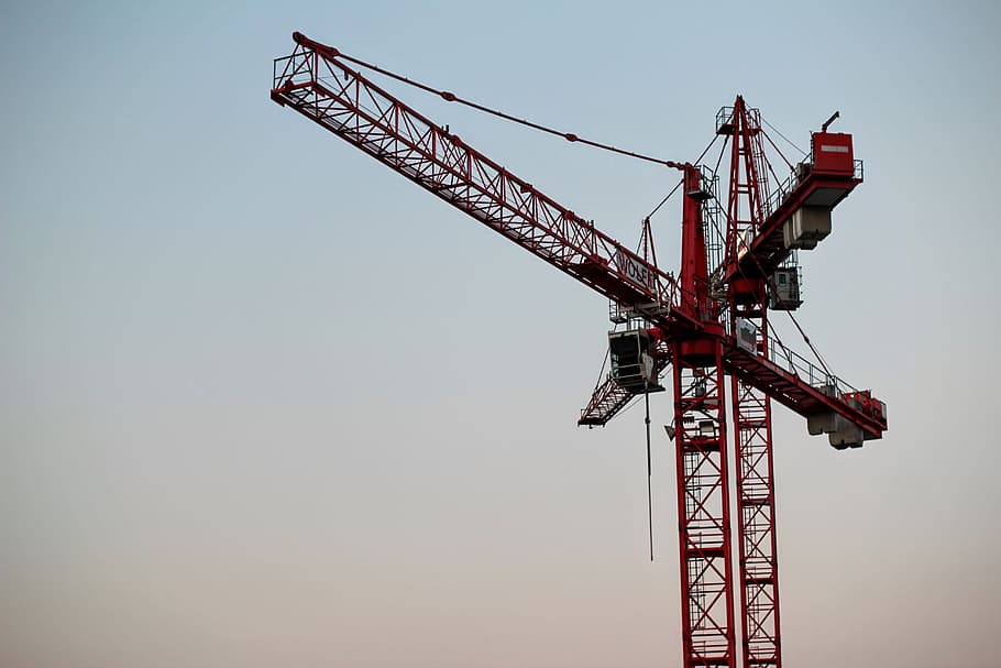red and gray tower crane, baukran, load crane, build, construction machinery HD wallpaper
