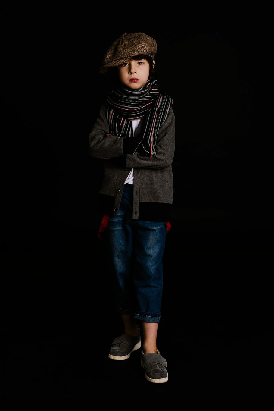 child wearing gray and black jacket and blue jeans, model, boy, HD wallpaper