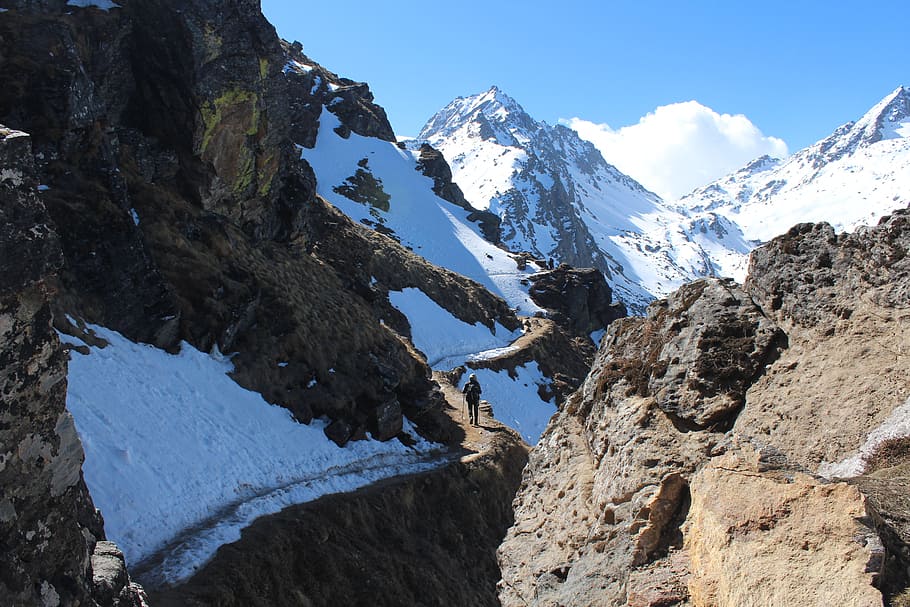 snow topped mountain during daytime, nepal, langtang, trekking