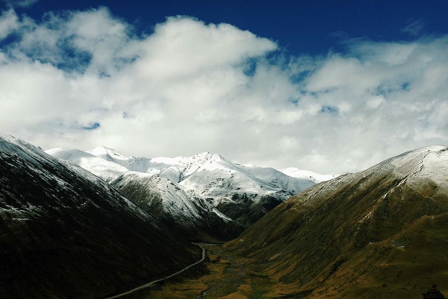 snow capped mountain under clouds and blue sky, nature, landscape HD wallpaper