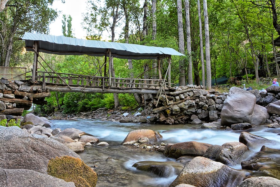 wooden bridge beside river, streaming, old, natural, detail HD wallpaper